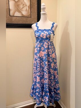 Rosa Clothing Floral Wavy Suspender A-Line Blue and Pink Floral Dress size S NWT